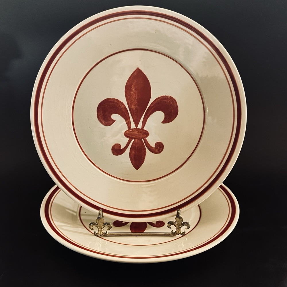 (2)‎ Williams Sonoma Fleur de Lys Red Earthenware Portugal 9" Plates Retired